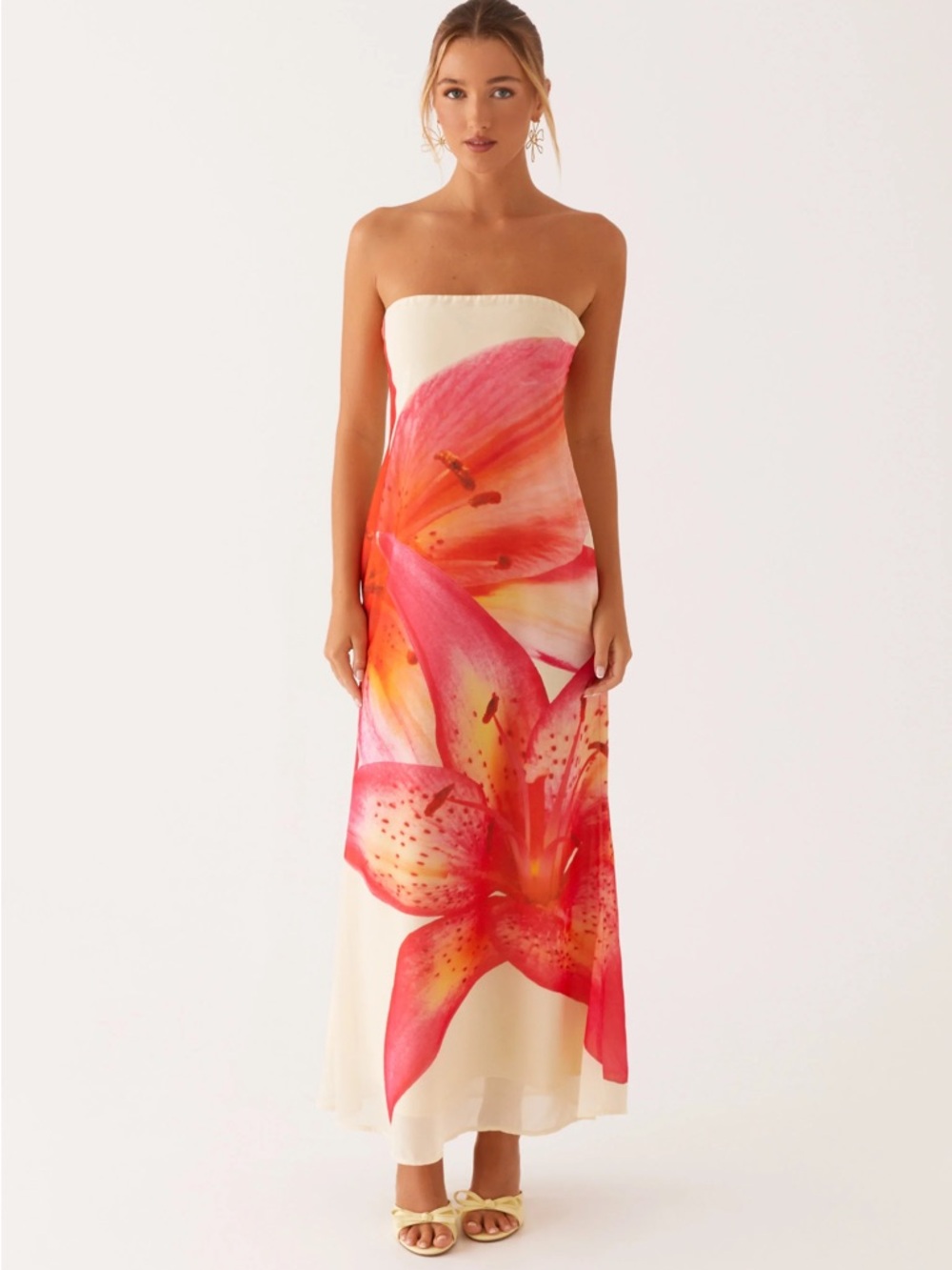 Peppermayo Cream Strapless Midi Dress with Pink-Orange Floral Print